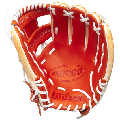 The Wilson A2000 1975SS 11.75" Baseball Glove (GOTM June 2025, WBW1034811175) by Wilson features tan and light brown Pro Stock leather with white lacing and A2000 and Wilson stamps shown on the inner palm, displayed on a white background.