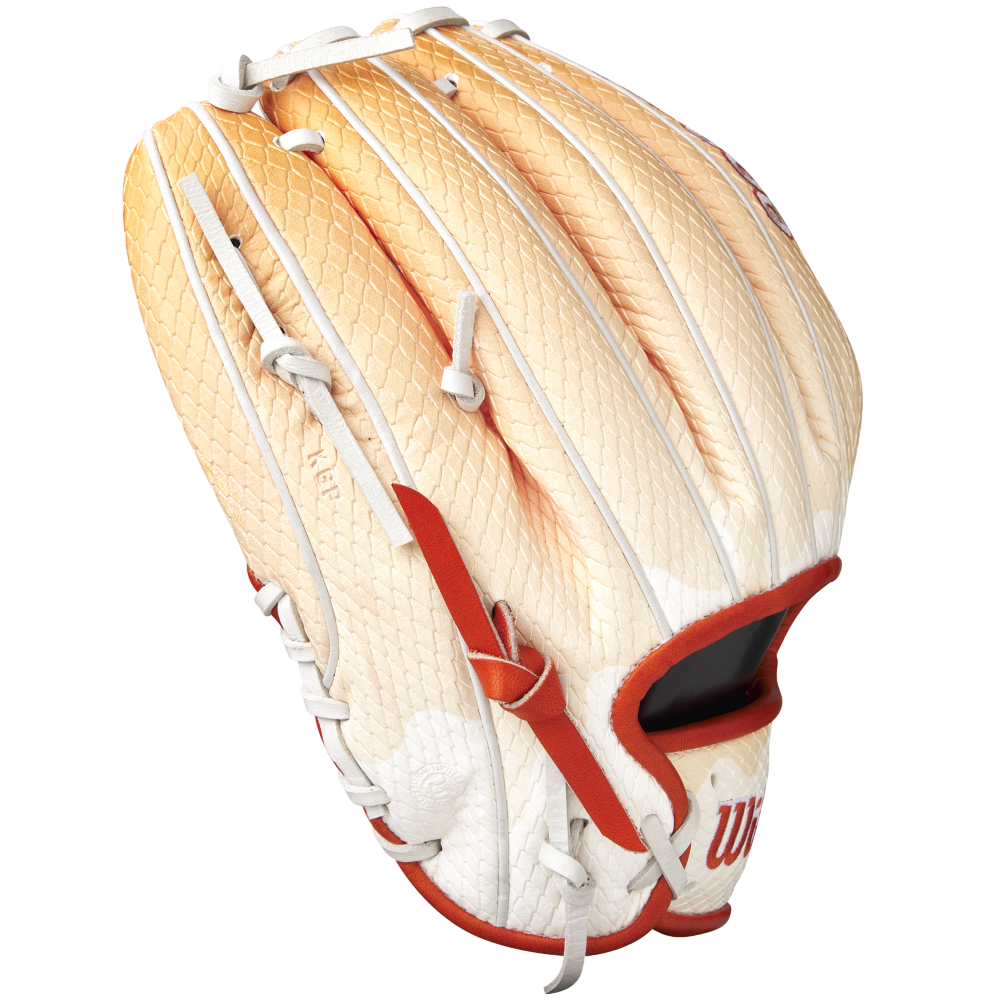 The Wilson A2000 1975SS 11.75" Baseball Glove (GOTM June 2025, WBW1034811175) features tortilla-textured Pro Stock leather with red trim and white laces, designed to look like a taco shell, shown against a plain white background.