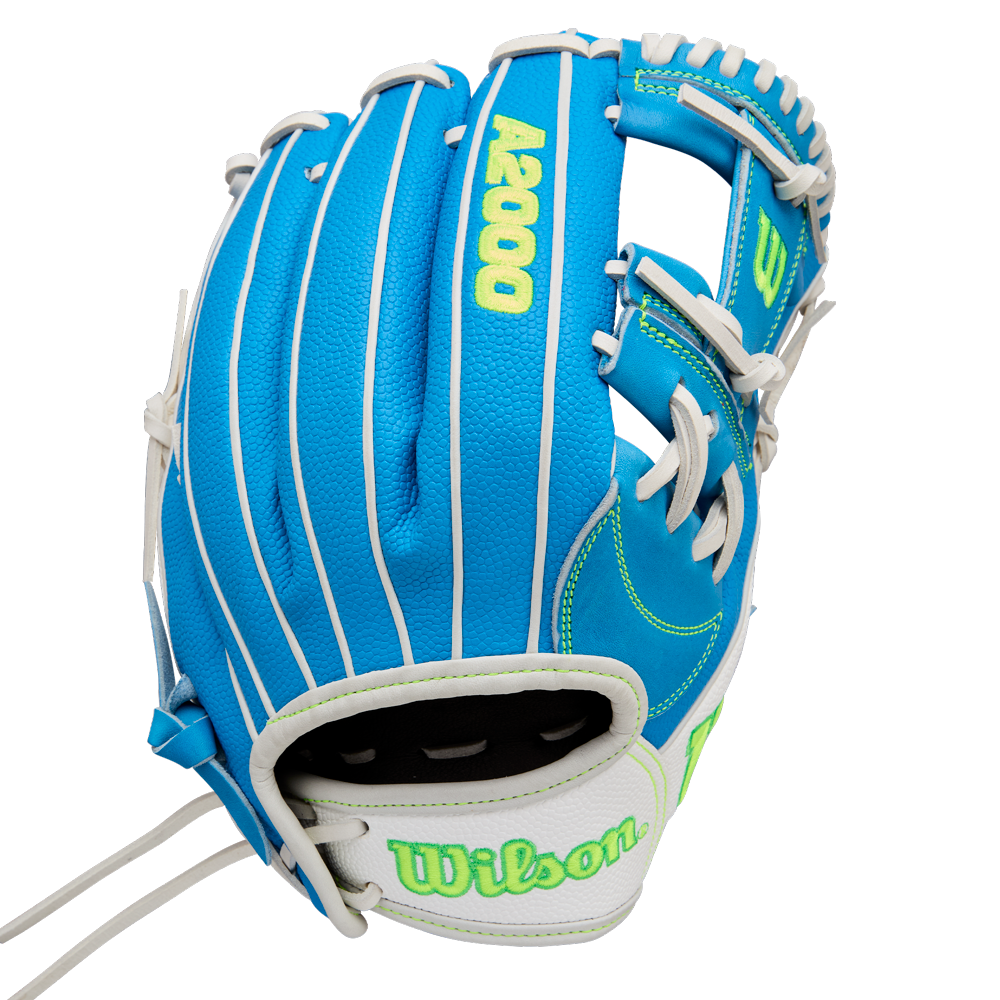 A Wilson A2000 H12SS 12" Fastpitch Glove (WBW10348612) features bright blue leather, white laces and accents, neon yellow branding, and green stitching, displayed upright with the palm facing away.