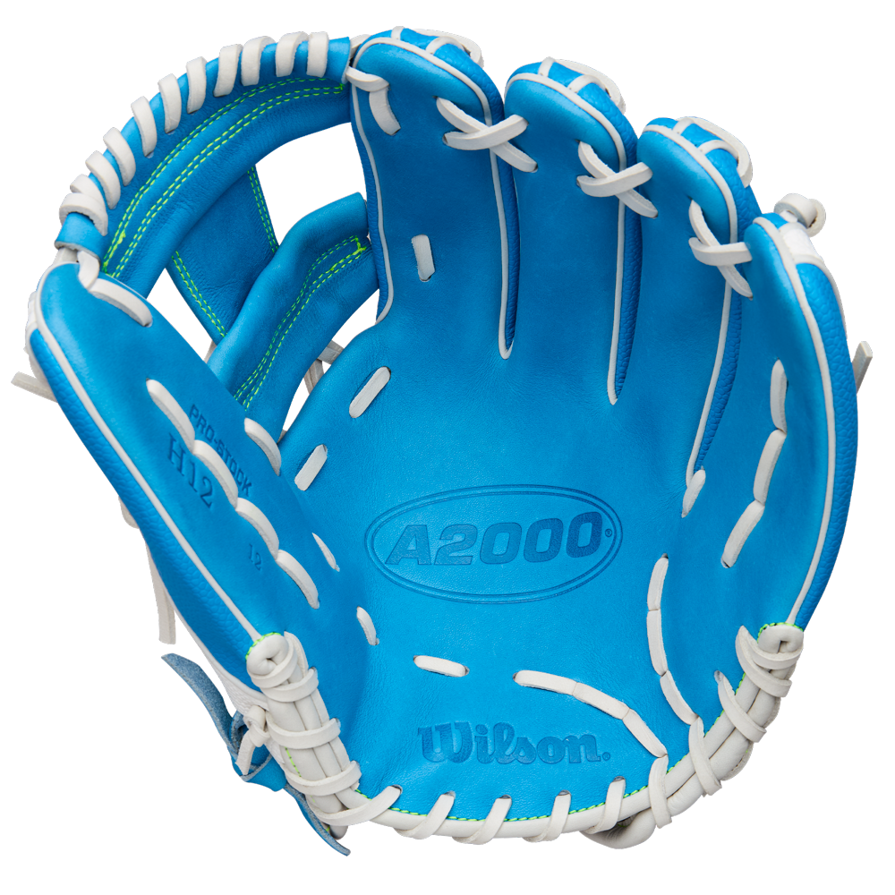 A Wilson A2000 H12SS 12" Fastpitch Glove (WBW10348612) by Wilson in blue, featuring white laces and bright green stitching on the inner thumb, is displayed palm-up against a white background.
