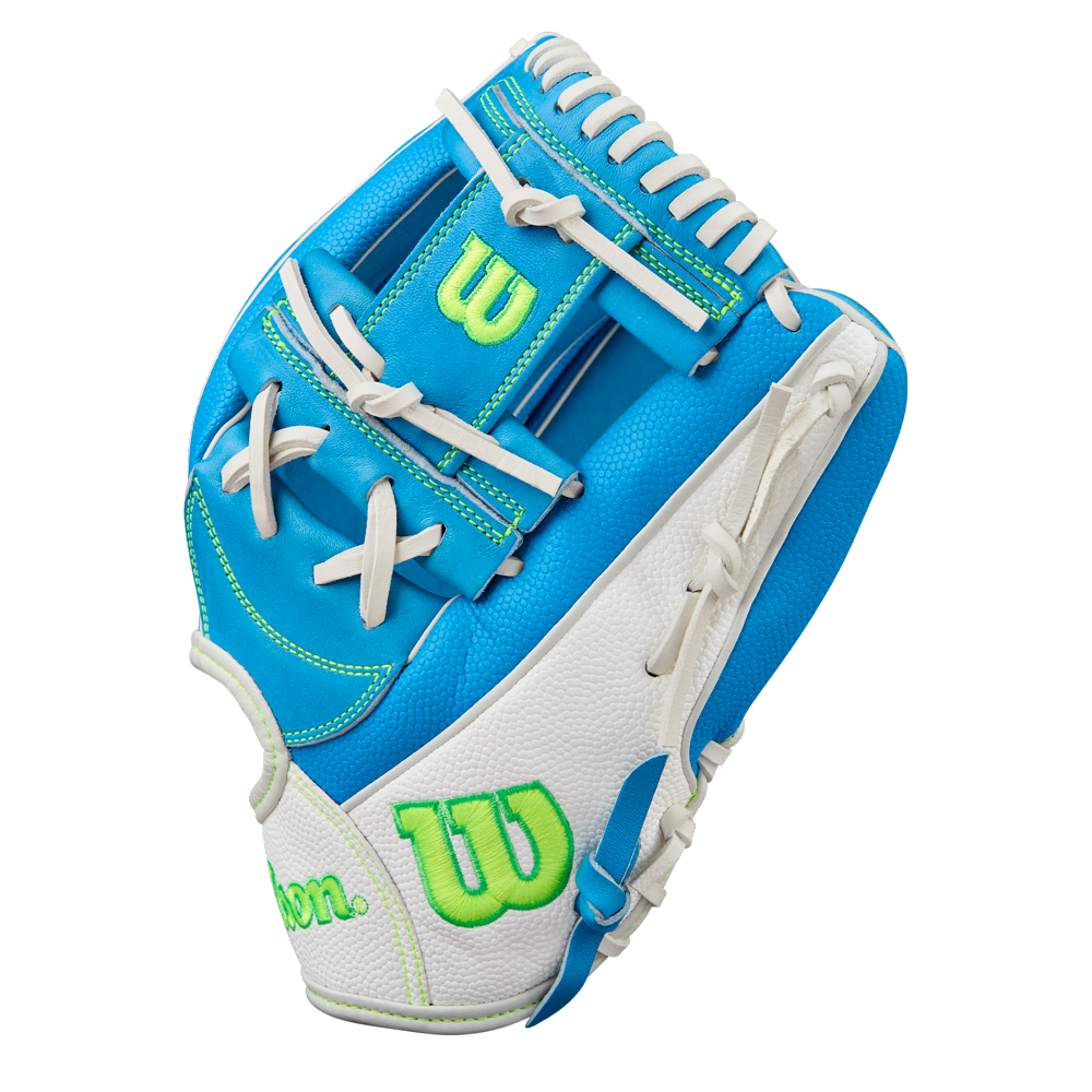 The Wilson A2000 H12SS 12" Fastpitch Glove (FALL 2025, WBW10348612) features blue and white colors, green and yellow W logos, and white laces, displayed on a white background.
