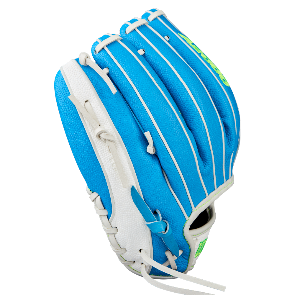 The Wilson A2000 H12SS 12" Fastpitch Glove (WBW10348612), a blue glove with white laces, accents, and a bright green logo on the back, is shown against a white background.