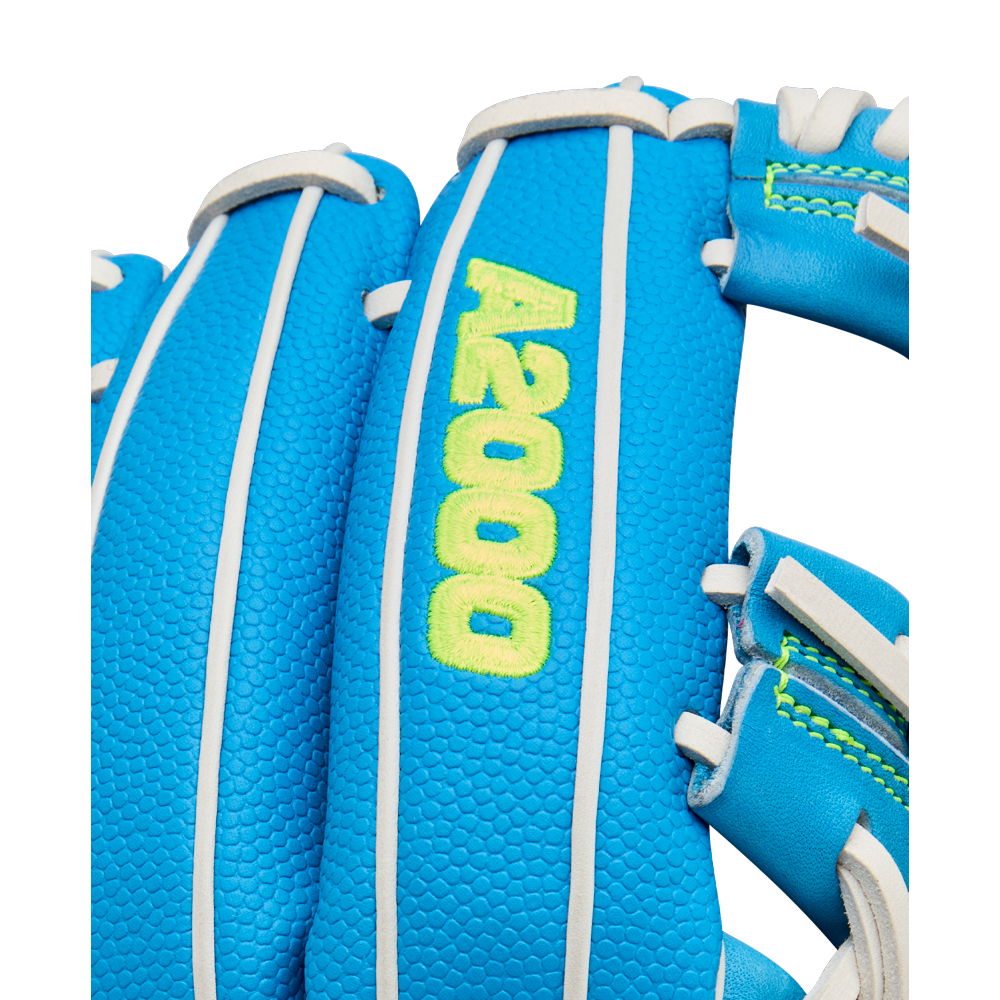 Close-up of the Wilson A2000 H12SS 12" Fastpitch Glove in bright blue with white laces and "A2000" in yellow-green lettering on the back. Model: WBW10348612, FALL 2025.