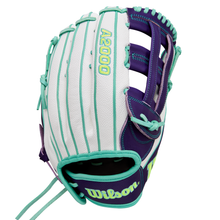 The Wilson A2000 FP50SS 12.25" Fastpitch Glove (WBW1034891225) features a white, teal, and purple design with teal laces, Pro Stock leather, open webbing, and an embroidered Wilson logo on the wrist strap.