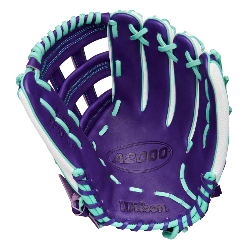 The Wilson A2000 FP50SS 12.25" Fastpitch Glove (FALL 2025: WBW1034891225) features a purple, teal, and white design with Pro Stock leather and SuperSkin, shown open to display the palm and inner stitching details.