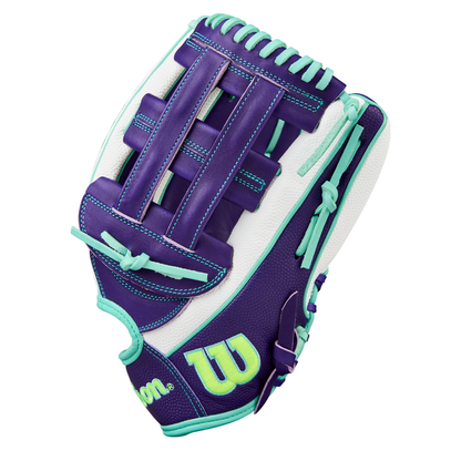 The Wilson A2000 FP50SS 12.25" Fastpitch Glove (FALL 2025) features a purple and white design with teal and light green laces, Pro Stock leather construction, and a large W logo on the side.