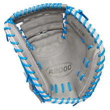 The Wilson A2000 FPCM23 34" Fastpitch Catcher's Mitt (WBW10349134) features a gray design with blue lacing and PRO-TOE label—ideal for fastpitch softball catchers.