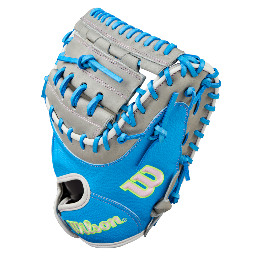 The Wilson A2000 FPCM23 34" Fastpitch Catcher's Mitt (WBW10349134) features a blue and gray design with light blue laces, neon yellow lettering, and a "W" logo on the thumb, shown against a white background.