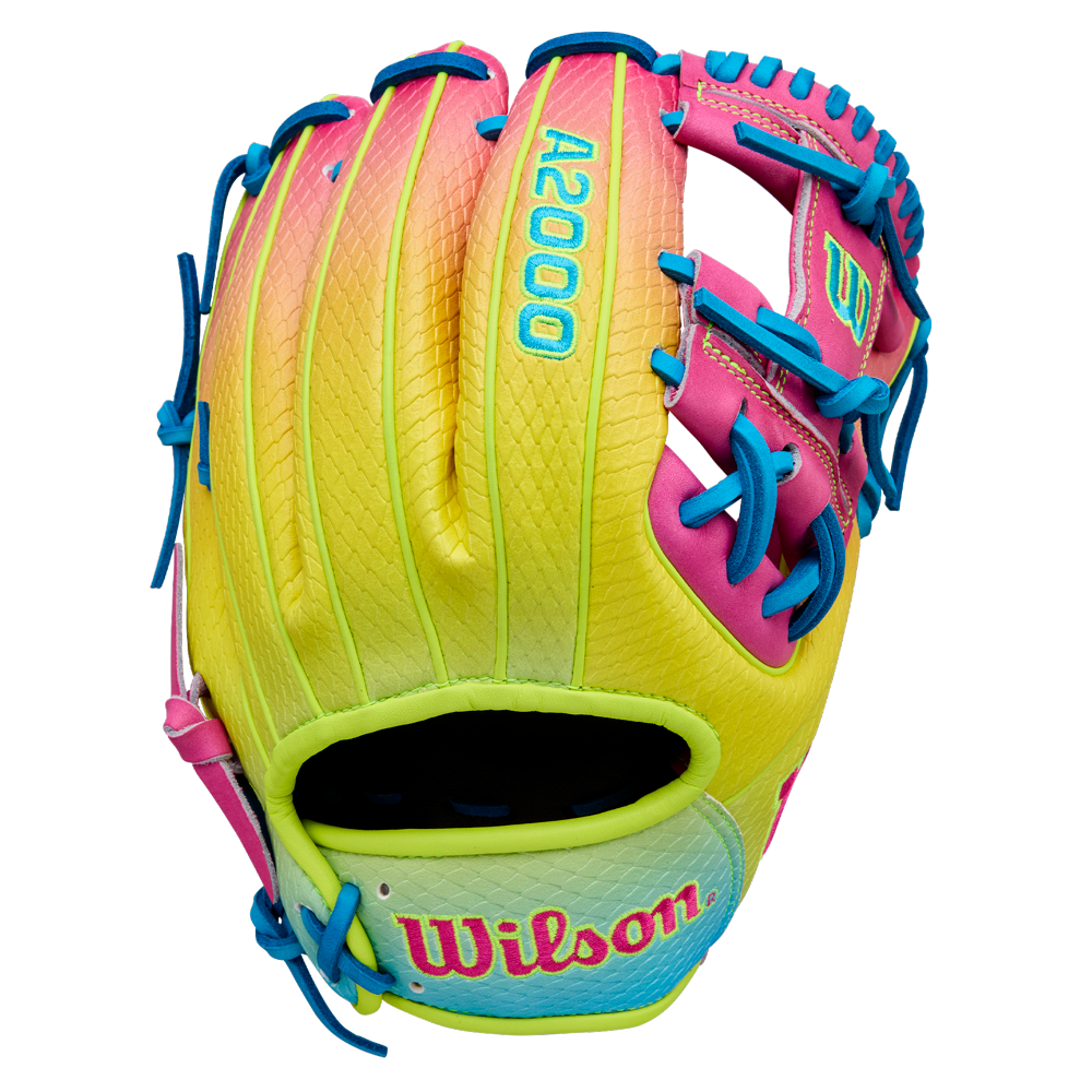 The Wilson A2000 1786SS 11.5" Baseball Glove (WBW103492115) features a vibrant yellow, pink, and blue gradient with blue laces, bold branding on the back, and durable SuperSkin construction.