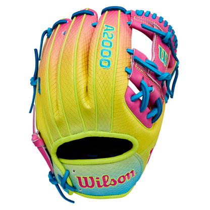 The Wilson A2000 1786SS 11.5" Baseball Glove (WBW103492115) features a vibrant yellow, pink, and blue gradient with blue laces, bold branding on the back, and durable SuperSkin construction.