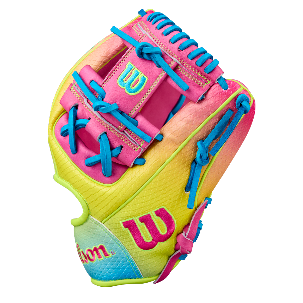 The Wilson A2000 1786SS 11.5" Baseball Glove (WBW103492115) features SuperSkin for added durability and style in a pink and blue design.