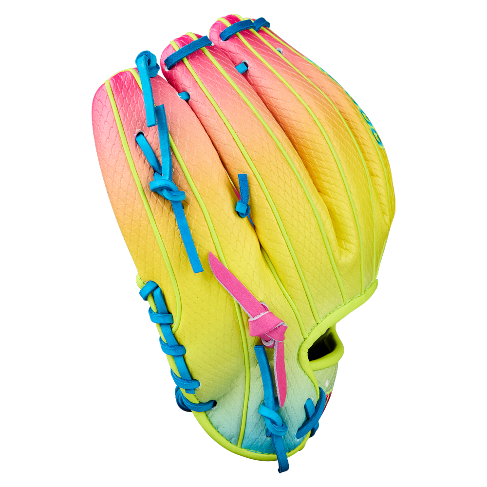 The Wilson A2000 1786SS 11.5" Baseball Glove (WBW103492115) features a SuperSkin build with a pink, yellow, and blue gradient, blue laces, and pink accents, shown against a white background.