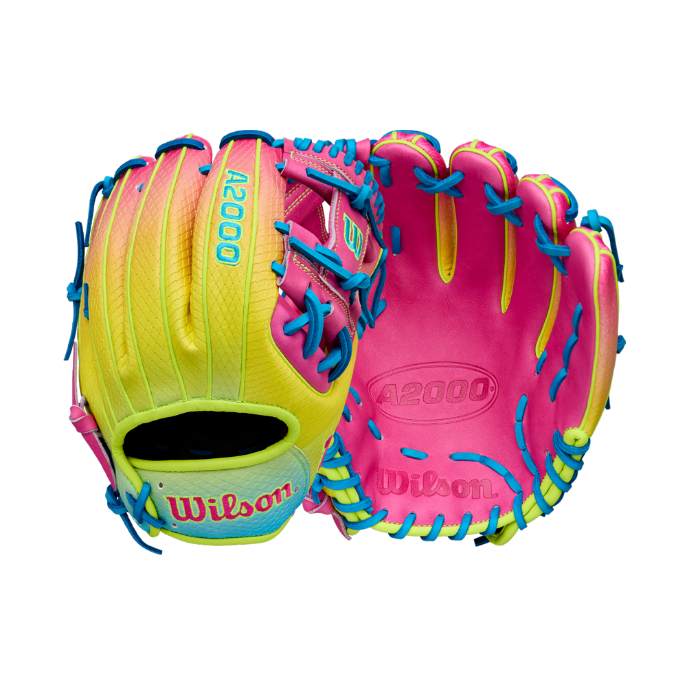 The Wilson A2000 1786SS 11.5" Baseball Glove (WBW103492115) boasts a bold yellow, pink, and blue design with blue laces and SuperSkin for lightweight durability, blending Wilson quality with striking FALL 2025 style.