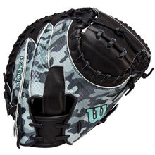 The Wilson A2000 AW28 34" Austin Wells Gameday Catcher's Mitt (WBW10349434) features a blue, gray, and black camo design with black laces and trim—replicating the style preferred by Austin Wells.