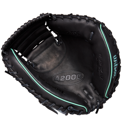 The Wilson A2000 AW28 34" Austin Wells Gameday Catcher's Mitt (FALL 2025: WBW10349434) by Wilson features a black design with teal accents and visible laces, shown open with the palm and pocket facing up—just like Austin Wells uses.