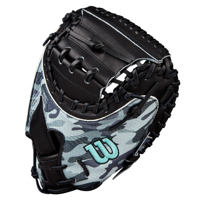 The Wilson A2000 AW28 34" Austin Wells Gameday Catcher's Mitt (FALL 2025: WBW10349434) features black laces and trim, a gray/black/white camo pattern, and a light blue W logo on the side.