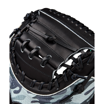Close-up of the Wilson A2000 AW28 34" Austin Wells Gameday Catcher's Mitt (WBW10349434), featuring black leather, black laces, and a camouflage lower design, shown against a white background.
