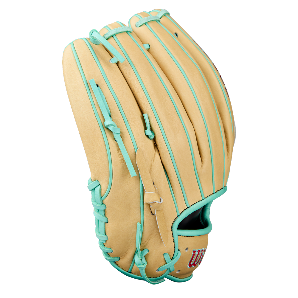 The Wilson A2000 B12 12" Baseball Glove (WBW10349812), featuring a tan Pro Stock leather shell with teal laces and trim, is pictured upright with the pocket facing away.
