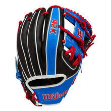 The Wilson A2K MB1175 11.75" Mookie Betts Gameday Glove (FALL 2025: WBW1035001175) features black, blue, and red Pro Stock Select leather with white stitching, red laces, Wilson logo on the palm, and A2K branding on the back.