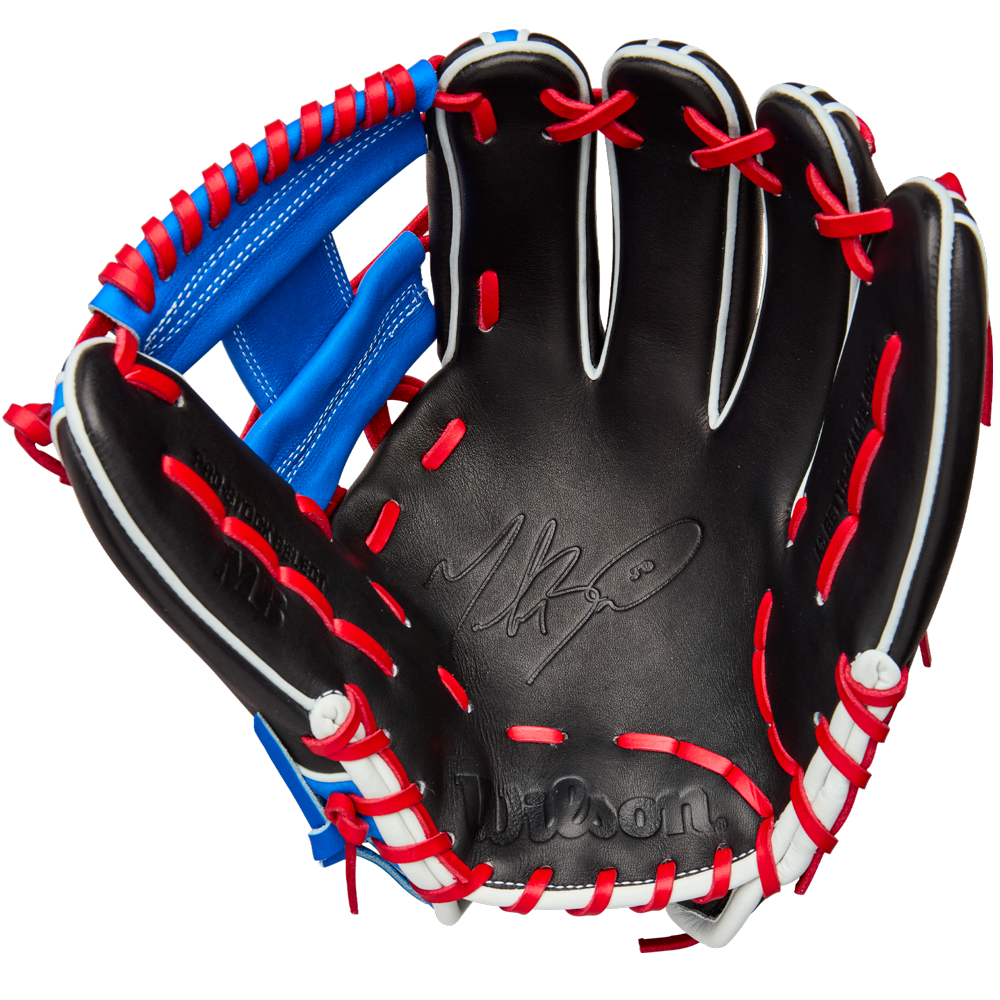 The Wilson A2K MB1175 11.75" Mookie Betts Gameday Baseball Glove (FALL 2025: WBW1035001175) features black Pro Stock Select leather, red and white laces, blue accents, and Mookie Betts’ signature on the palm.