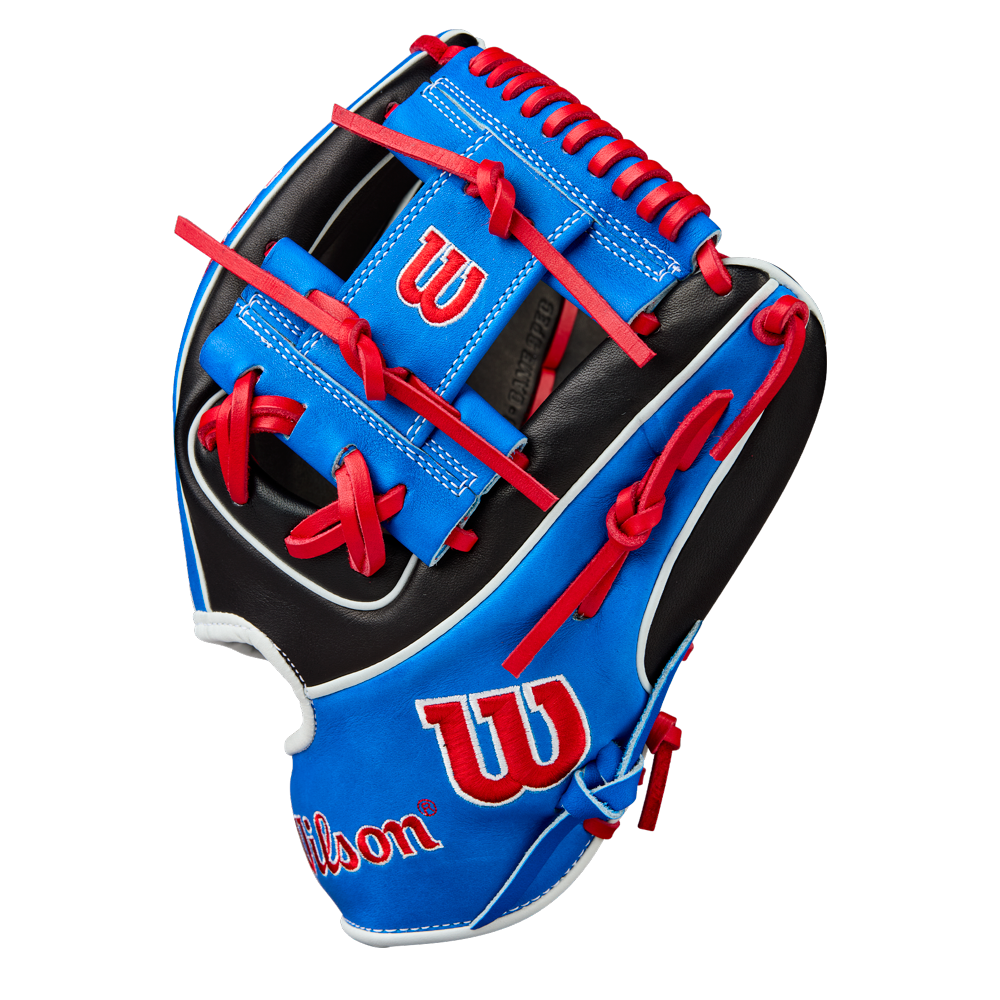 The Wilson A2K MB1175 11.75" Mookie Betts Gameday Baseball Glove (FALL 2025: WBW1035001175) features blue, black, and red Pro Stock Select leather with red laces and white Wilson logos, designed for infield play.