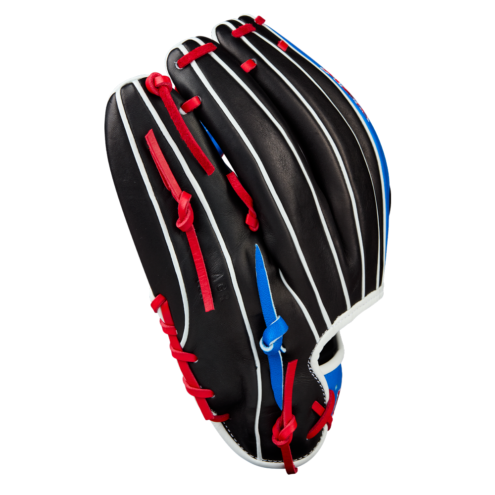 The Wilson A2K MB1175 11.75" Mookie Betts glove (WBW1035001175) features black Pro Stock Select leather, red laces, white trim, and blue accents, shown from the palm side—just like Mookie Betts' actual baseball glove.