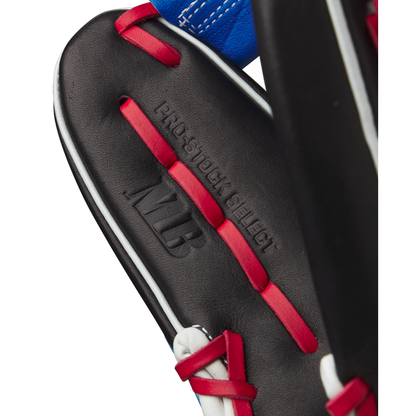 Close-up of a Wilson A2K MB1175 11.75" Mookie Betts Gameday Glove in black with red laces, white trim, and blue accents, featuring embossed PRO STOCK SELECT and MLB text on premium Pro Stock Select leather.