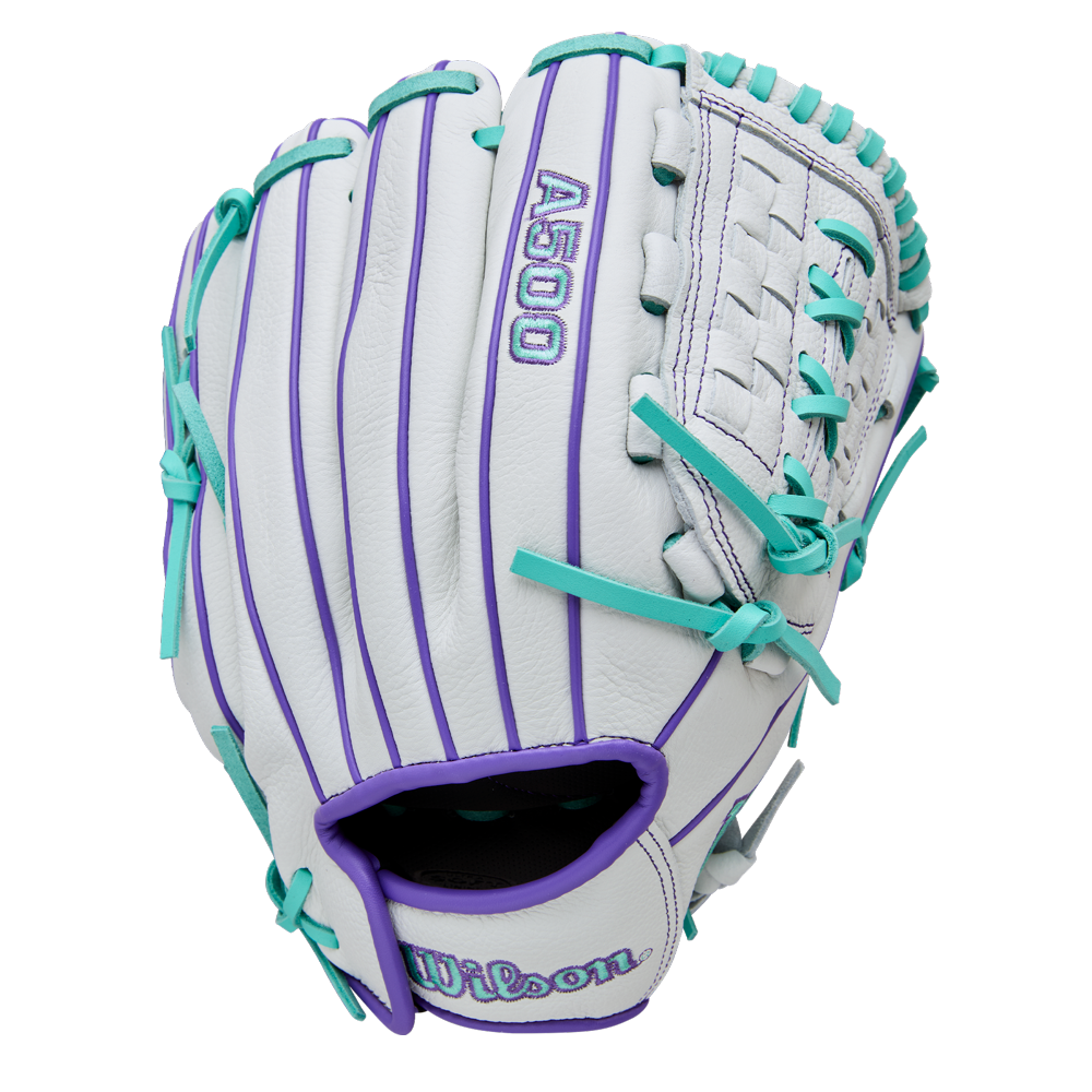 The Wilson A500 Siren 11.75" Fastpitch Glove (WBW1035581175) is a youth white Wilson glove with teal laces, purple accents, top grain leather, and a Quick-Fit Wrist, shown on a plain white background.