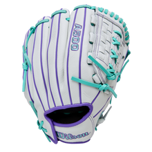 The Wilson A500 Siren 11.75" Fastpitch Glove (WBW1035581175) is a youth white Wilson glove with teal laces, purple accents, top grain leather, and a Quick-Fit Wrist, shown on a plain white background.
