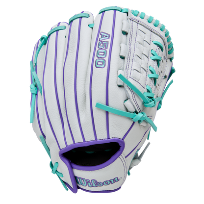 The Wilson A500 Siren 11.75" Fastpitch Glove (WBW1035581175) is a youth white Wilson glove with teal laces, purple accents, top grain leather, and a Quick-Fit Wrist, shown on a plain white background.