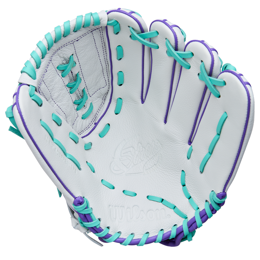 The Wilson A500 Siren 11.75" Fastpitch Glove (WBW1035581175) is a youth glove crafted from top grain leather, featuring white leather, teal and purple laces, intricate palm/webbing details, and a Quick-Fit Wrist.
