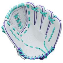 The Wilson A500 Siren 11.75" Fastpitch Glove (WBW1035581175) is a youth glove crafted from top grain leather, featuring white leather, teal and purple laces, intricate palm/webbing details, and a Quick-Fit Wrist.