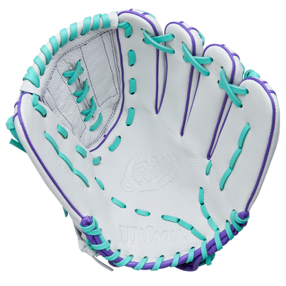 The Wilson A500 Siren 11.75" Fastpitch Glove (WBW1035581175) is a youth glove crafted from top grain leather, featuring white leather, teal and purple laces, intricate palm/webbing details, and a Quick-Fit Wrist.
