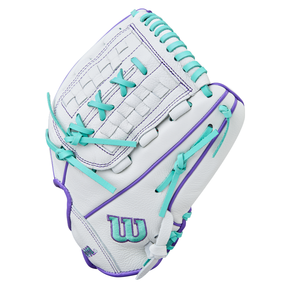 The Wilson A500 Siren 11.75" Fastpitch Glove features white top grain leather, teal laces and accents, purple stitching and trim, a teal and purple "W" logo, and a Quick-Fit Wrist for easy adjustment.
