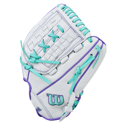The Wilson A500 Siren 11.75" Fastpitch Glove features white top grain leather, teal laces and accents, purple stitching and trim, a teal and purple "W" logo, and a Quick-Fit Wrist for easy adjustment.