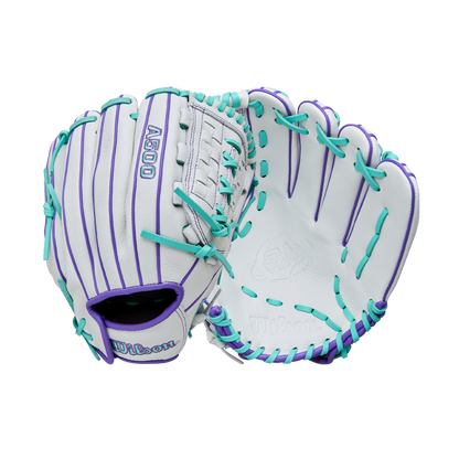The Wilson A500 Siren 11.75" Fastpitch Glove (WBW1035581175) is a white youth glove with purple and teal laces, top grain leather, Quick-Fit Wrist, and Wilson branding, shown on a plain white background.