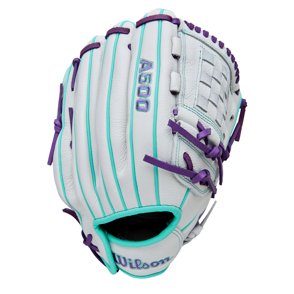 The Wilson A500 Siren 12" Fastpitch Glove (WBW10355912) by Wilson features a white design with teal piping, purple laces, and purple embroidered text. Crafted from top grain leather, it’s shown on a plain white background.