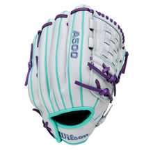 The Wilson A500 Siren 12" Fastpitch Glove (WBW10355912) by Wilson features a white design with teal piping, purple laces, and purple embroidered text. Crafted from top grain leather, it’s shown on a plain white background.