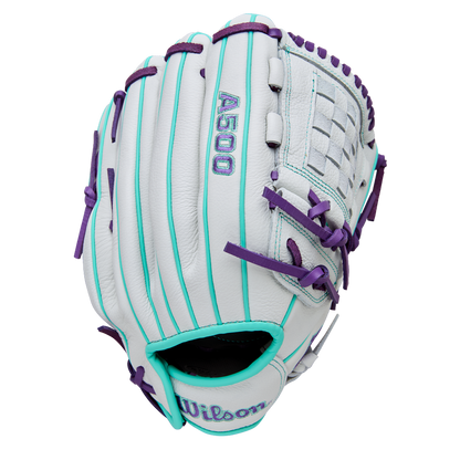 The Wilson A500 Siren 12" Fastpitch Glove (WBW10355912) by Wilson features a white design with teal piping, purple laces, and purple embroidered text. Crafted from top grain leather, it’s shown on a plain white background.