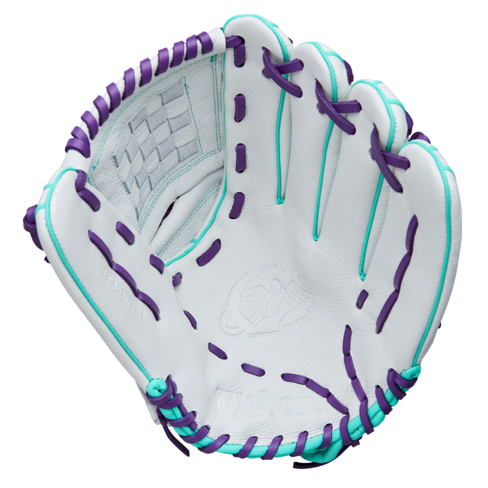 The Wilson A500 Siren 12" Fastpitch Glove (WBW10355912) is a white youth glove made from top grain leather, featuring purple and teal laces, a woven basket web, embossed palm branding, and a quick-fit wrist for comfort.