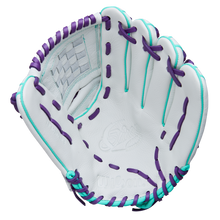 The Wilson A500 Siren 12" Fastpitch Glove (WBW10355912) is a white youth glove made from top grain leather, featuring purple and teal laces, a woven basket web, embossed palm branding, and a quick-fit wrist for comfort.
