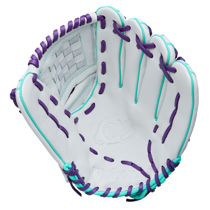 The Wilson A500 Siren 12" Fastpitch Glove (WBW10355912) is a white youth glove made from top grain leather, featuring purple and teal laces, a woven basket web, embossed palm branding, and a quick-fit wrist for comfort.