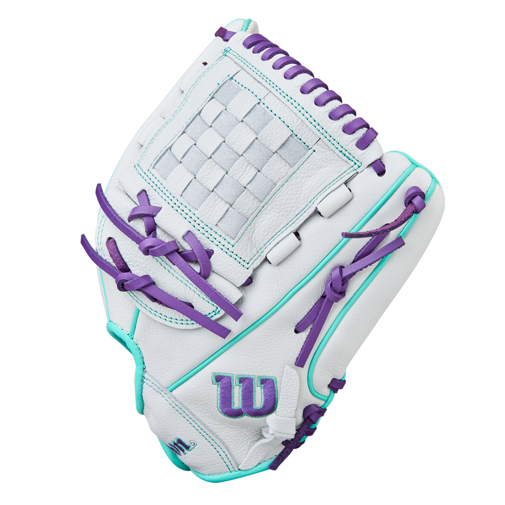 The Wilson A500 Siren 12" Fastpitch Glove: WBW10355912 is a youth glove made of top grain leather, with purple laces, teal accents, a woven pocket, a purple W logo on the palm, and quick-fit wrist—shown on a plain white background.