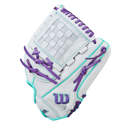 The Wilson A500 Siren 12" Fastpitch Glove: WBW10355912 is a youth glove made of top grain leather, with purple laces, teal accents, a woven pocket, a purple W logo on the palm, and quick-fit wrist—shown on a plain white background.