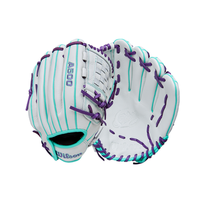 The Wilson A500 Siren 12" Fastpitch Glove (WBW10355912) by Wilson features a white design with teal and purple laces, crafted from top grain leather and shown open and closed on a plain white background.