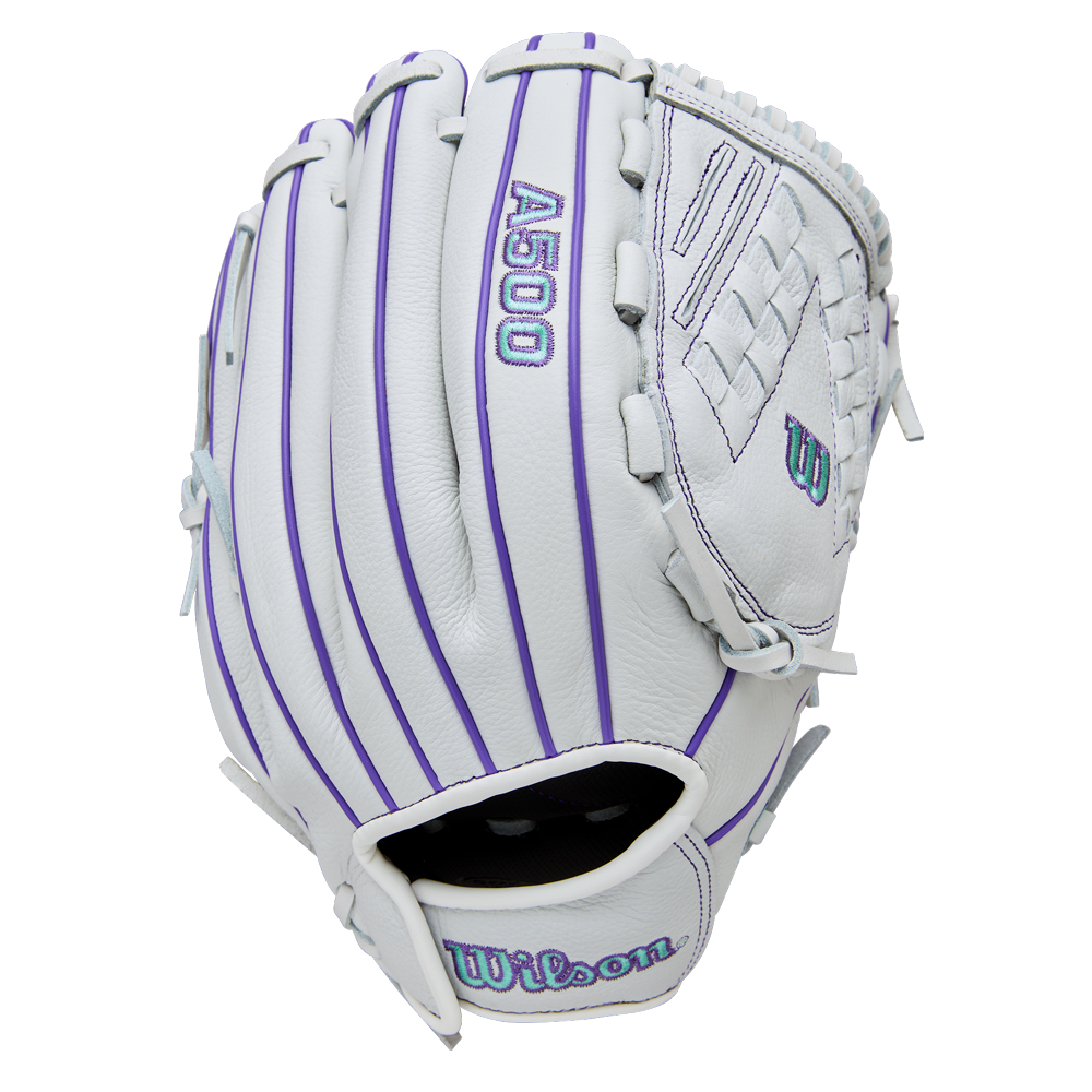 The Wilson A500 Siren 12.5" Fastpitch Glove (WBW103561125) is a white youth glove with purple vertical stripes and purple stitching, crafted from top grain leather and shown outer side up against a plain background.