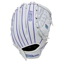 The Wilson A500 Siren 12.5" Fastpitch Glove (WBW103561125) is a white youth glove with purple vertical stripes and purple stitching, crafted from top grain leather and shown outer side up against a plain background.