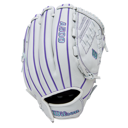 The Wilson A500 Siren 12.5" Fastpitch Glove (WBW103561125) is a white youth glove with purple vertical stripes and purple stitching, crafted from top grain leather and shown outer side up against a plain background.