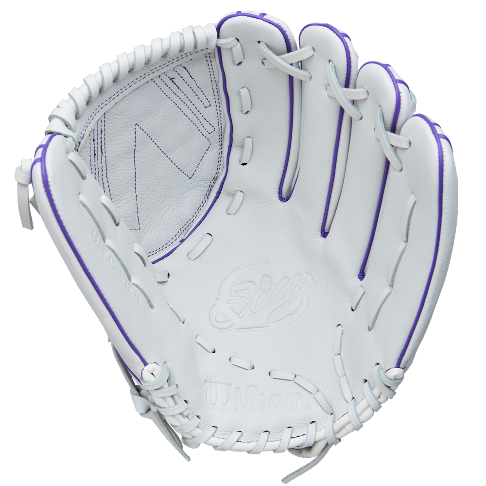 The Wilson A500 Siren 12.5" Fastpitch Glove (WBW103561125) is a white youth glove made of top grain leather, featuring purple stitching, detailed lacing, visible Wilson branding, and a Quick-Fit Wrist on a plain white background.