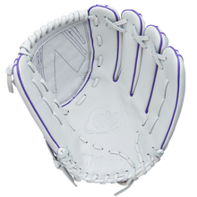 The Wilson A500 Siren 12.5" Fastpitch Glove (WBW103561125) is a white youth glove made of top grain leather, featuring purple stitching, detailed lacing, visible Wilson branding, and a Quick-Fit Wrist on a plain white background.